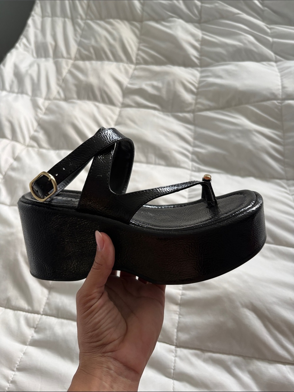 Patent Black Platform Sandal with Gold Accent